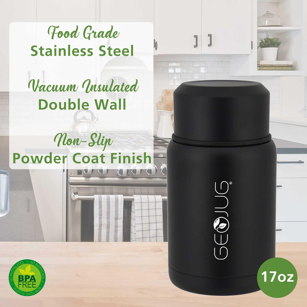 Brentwood GeoJug 17 oz Insulated Stainless Steel Food Jar with Bowl and Folding Spoon, Black