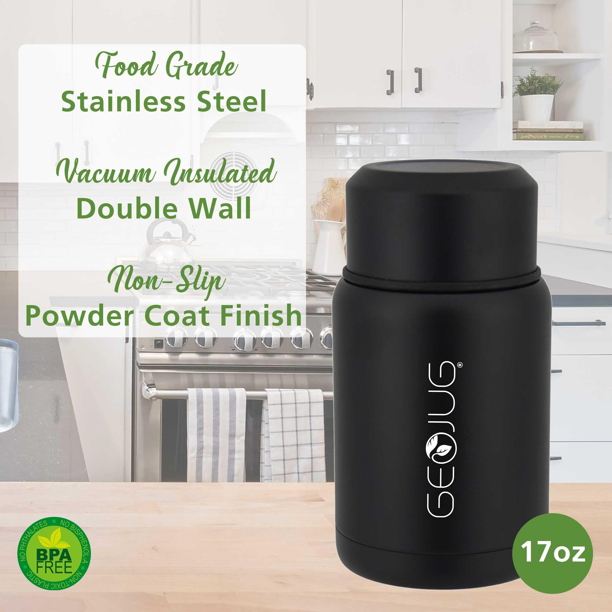 Brentwood GeoJug 17 oz Insulated Stainless Steel Food Jar with Bowl and Folding Spoon, Black