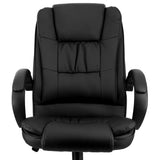 Close-up of the Elama black office chair padded head and neck cushion, pillow-stitched backrest and thick seat
