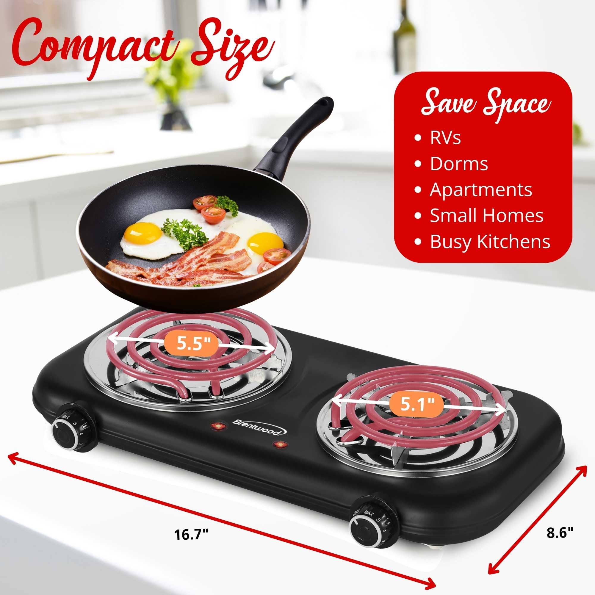 Brentwood TS-363BK 1100W Countertop Double Coiled Electric Burner - Black, Temperature Control with Power Indicator