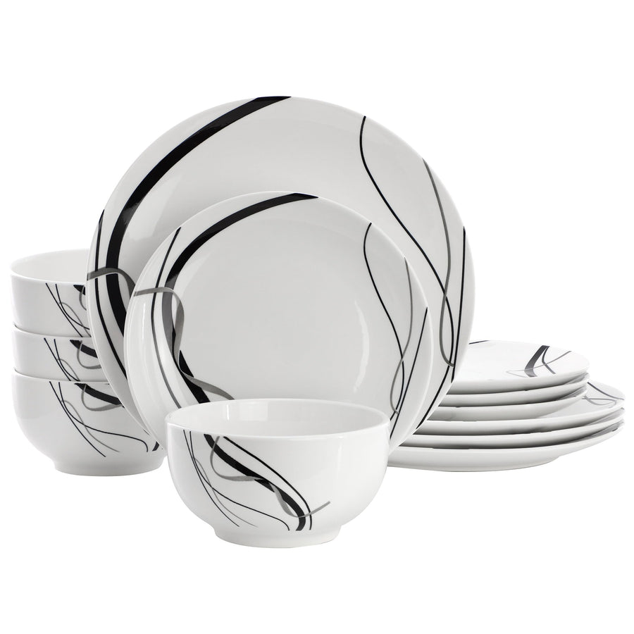 Elama Sarah 12-Piece Porcelain Dinnerware Set, Black Ribbon, White & Black, Service for 4