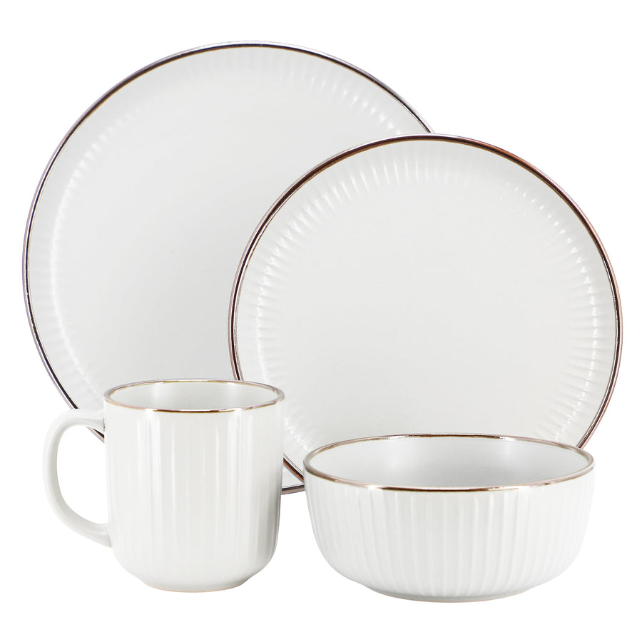 Elama Leo white stoneware place setting: dinner plate, salad plate, cereal bowl and mug with bronze-tone rims