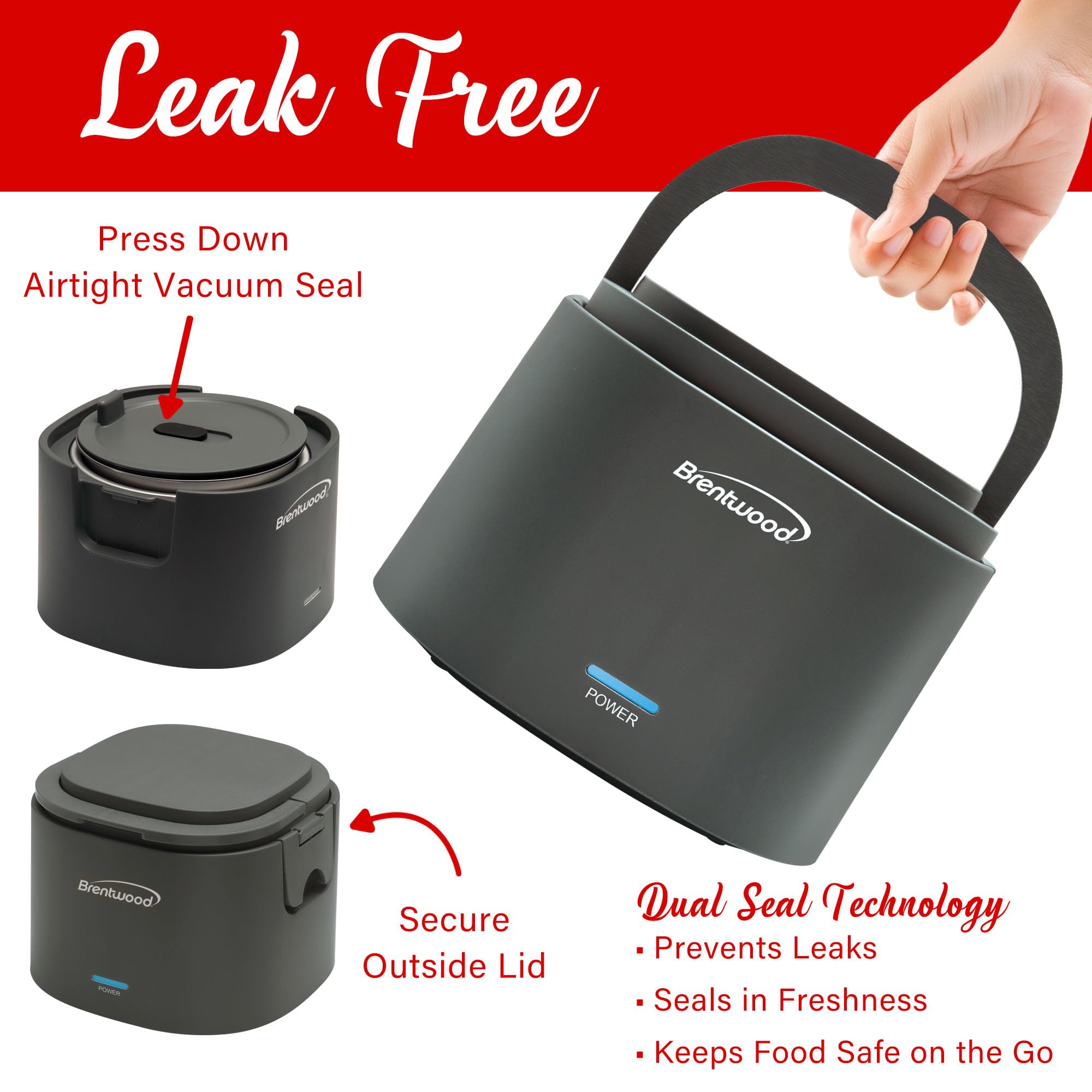 Brentwood ELB-600GRY 0.6L Portable Leakproof Electric Lunch Box - Gray, 50W Food Warmer with Removable Stainless Steel Container