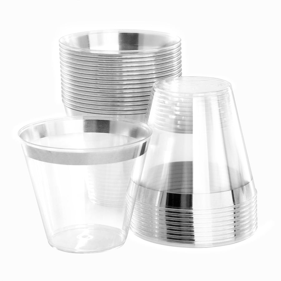 Elama 150-Piece Disposable Plastic Dinnerware Party Set for 25 Guests, Plates, Cups and Cutlery, White with Silver Trim
