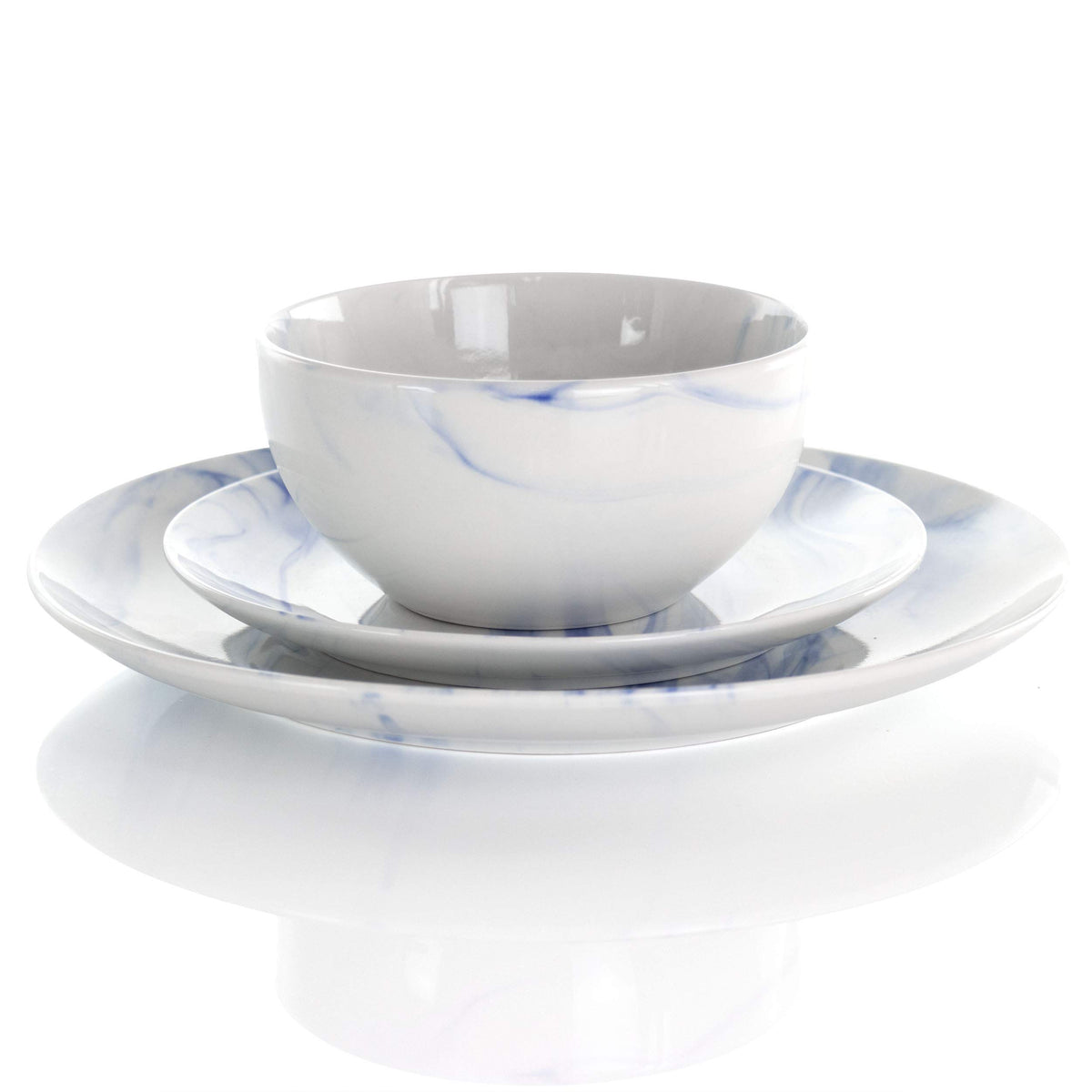 Marble Stoneware Dinnerware Set for 4, 16 Piece with Mugs, Glossy Blue and White, Elama Fine Marble