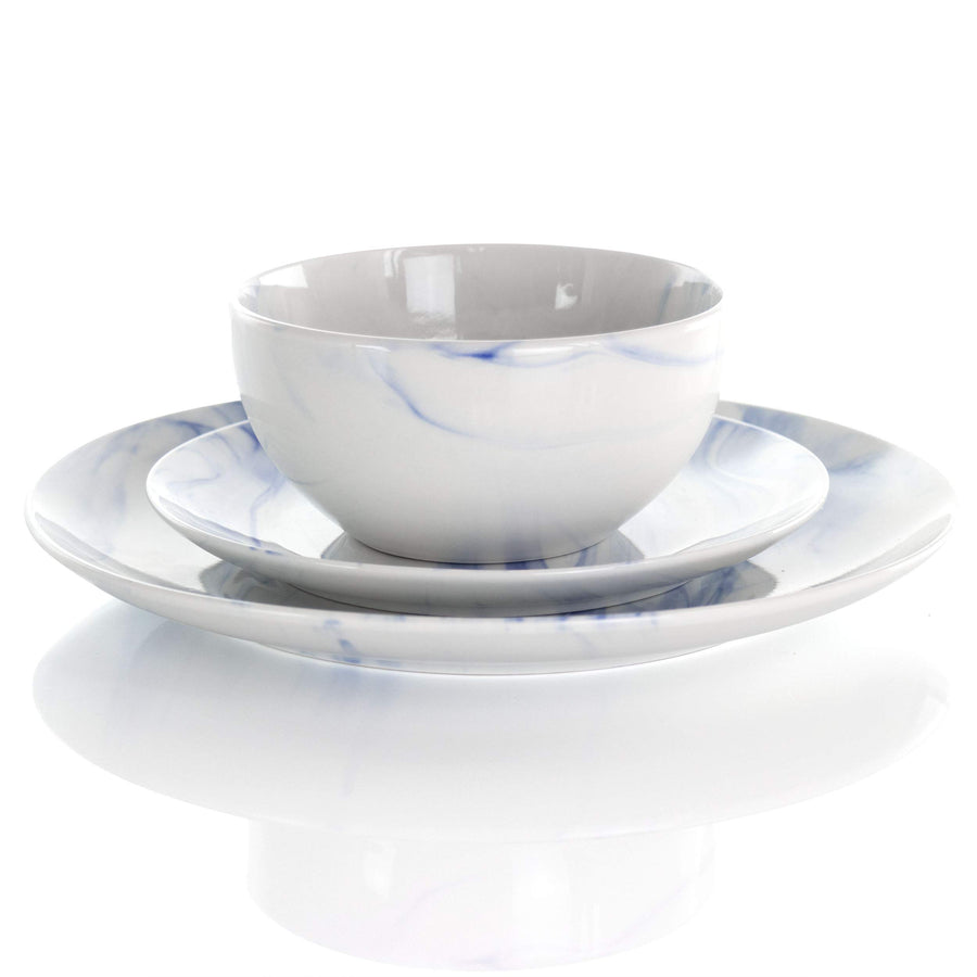 Marble Stoneware Dinnerware Set for 4, 16 Piece with Mugs, Glossy Blue and White, Elama Fine Marble