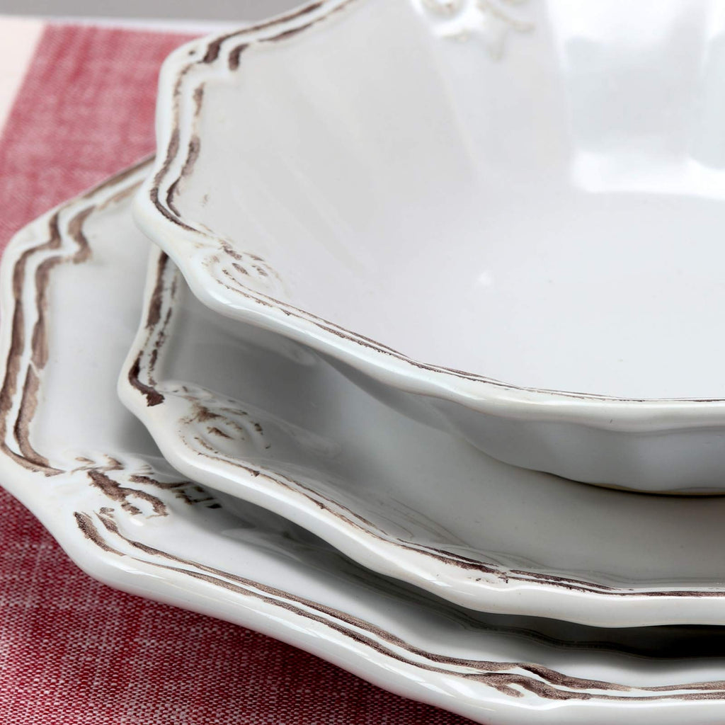 Elama Fleur De Lys 20-Piece Stoneware Dinnerware Set – White Distressed Glazed Service for 4