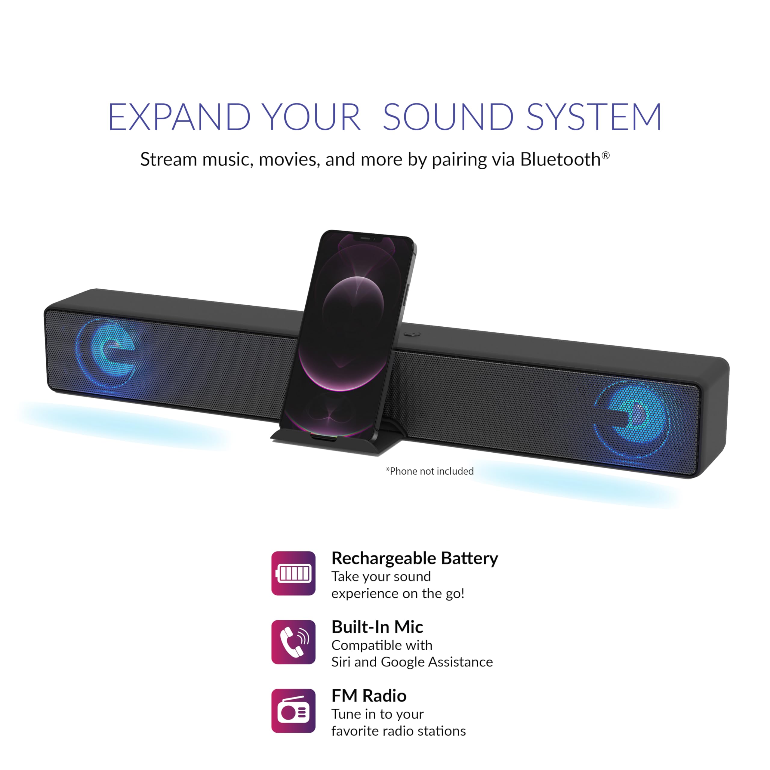 Supersonic Portable 2.0-Channel Bluetooth Soundbar with RGB Lights