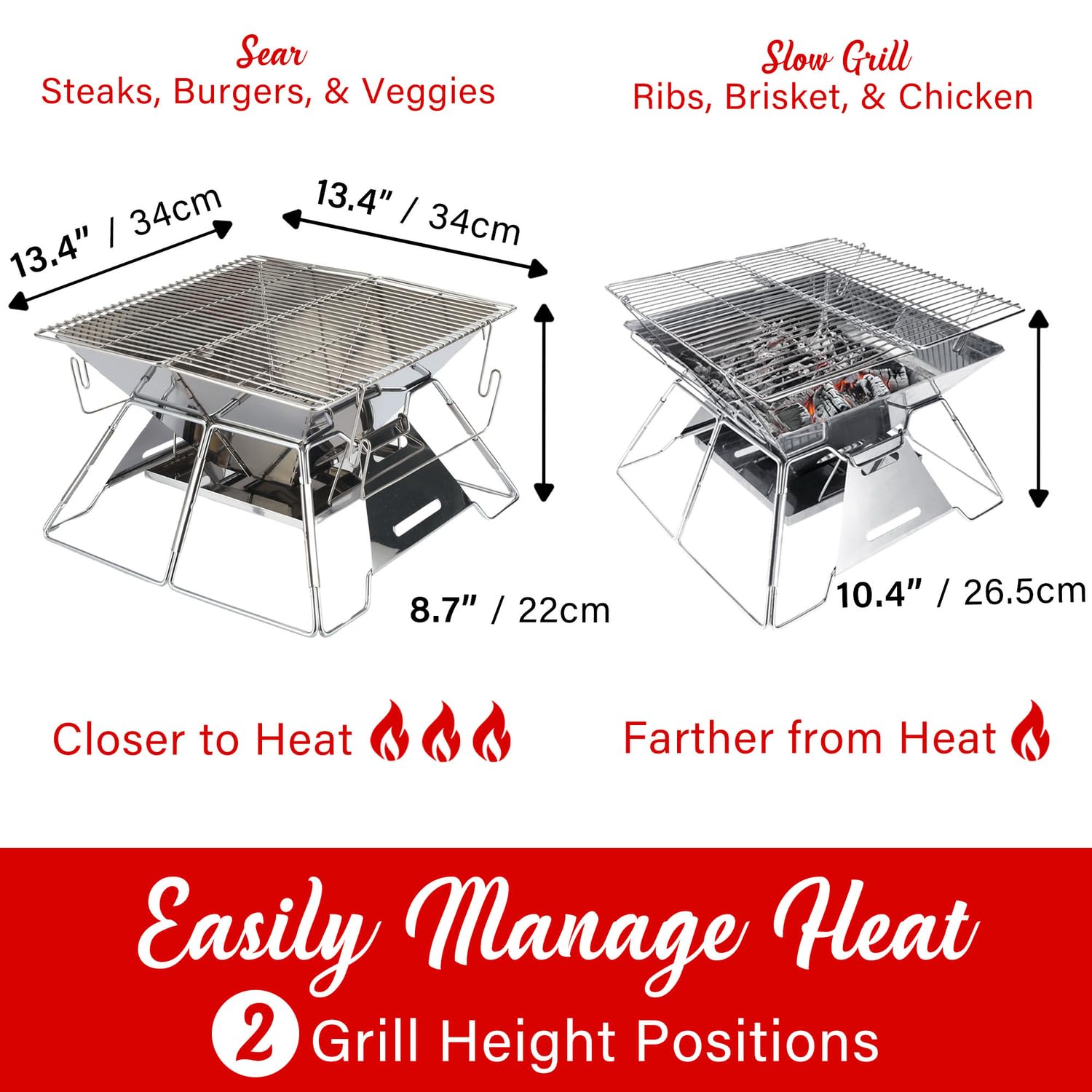 Brentwood BB-4X14SS 14 x 14 Inch Portable Folding Stainless Steel Charcoal BBQ Grill & Fire Pit with Carry Bag