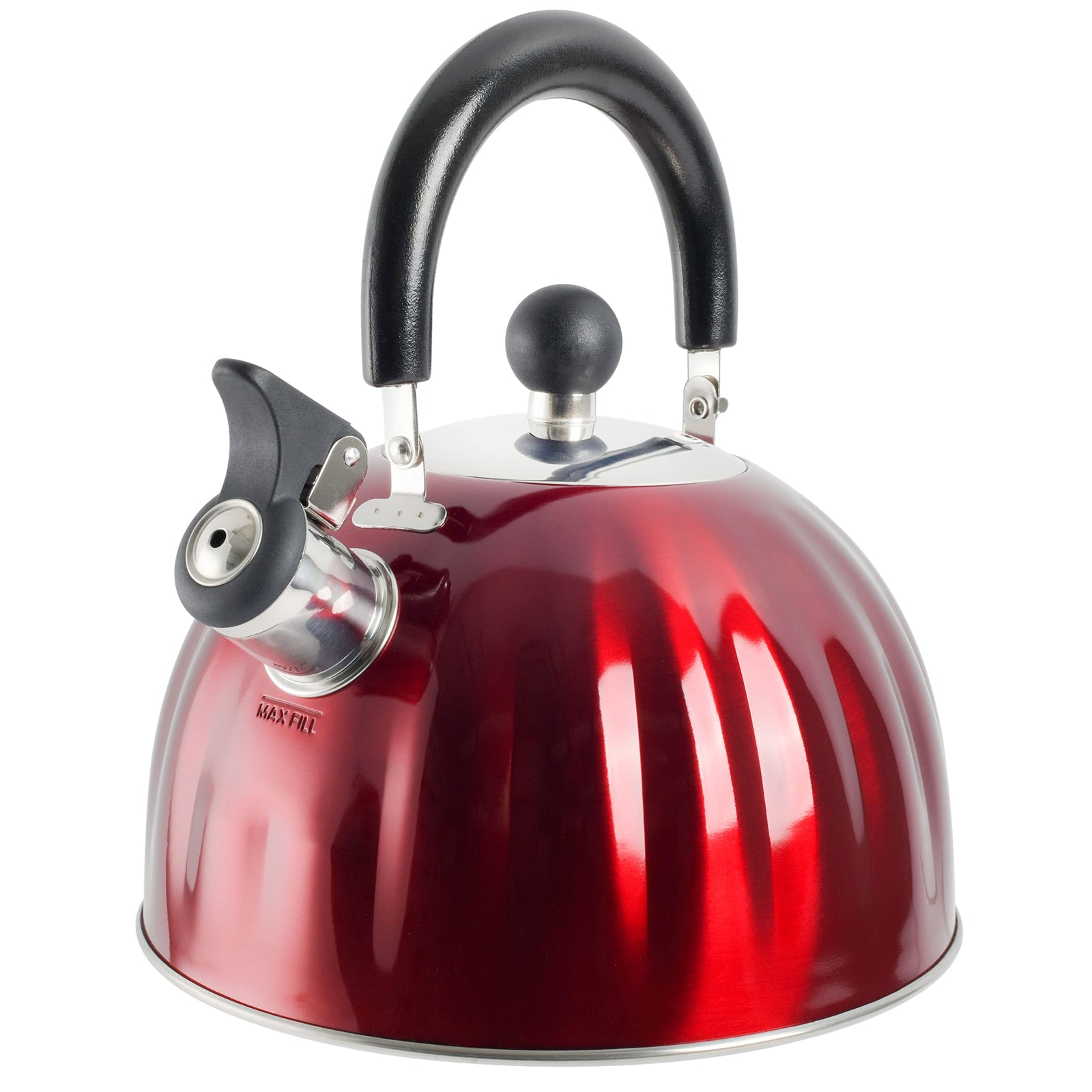 Mr. Coffee Twining 2.1 Quart Stainless Steel Whistling Tea Kettle, Metallic Red