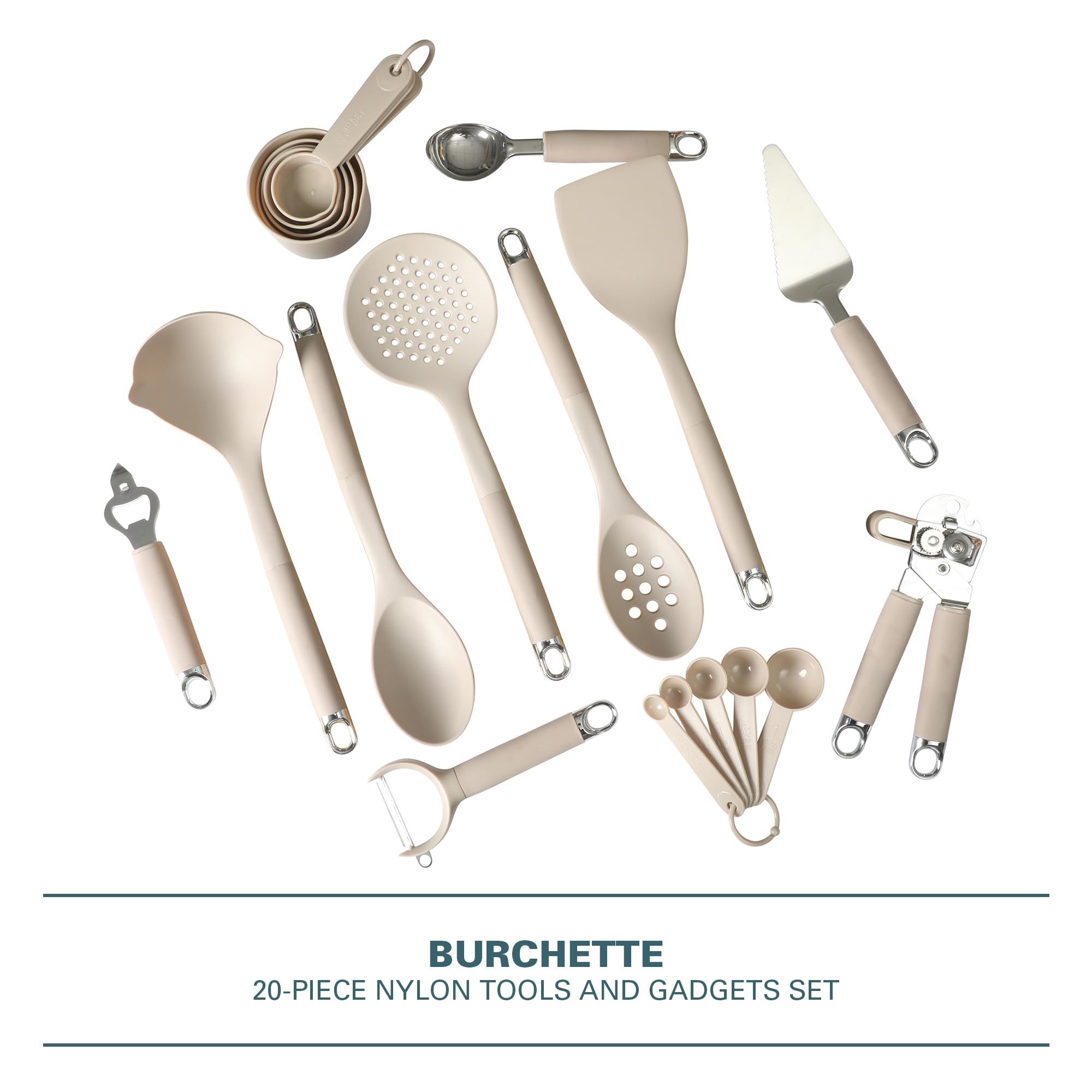 Gibson Home Burchette 20-Piece Nylon Kitchen Gadget & Tool Set, Taupe - Non-Stick Safe, with Measuring Cups & Spoons