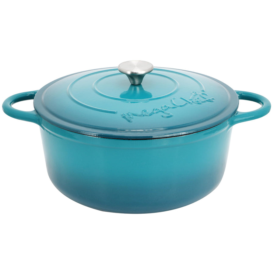 MegaChef 6.35 Quart Round Enameled Cast Iron Dutch Oven with Self-Basting Lid and Dual Handles, Light Blue
