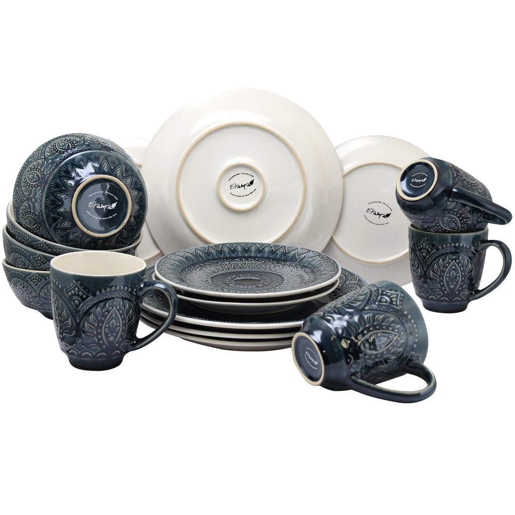 Elama Petra 16-Piece Bohemian Stoneware Dinnerware Set – Textured Service for 4