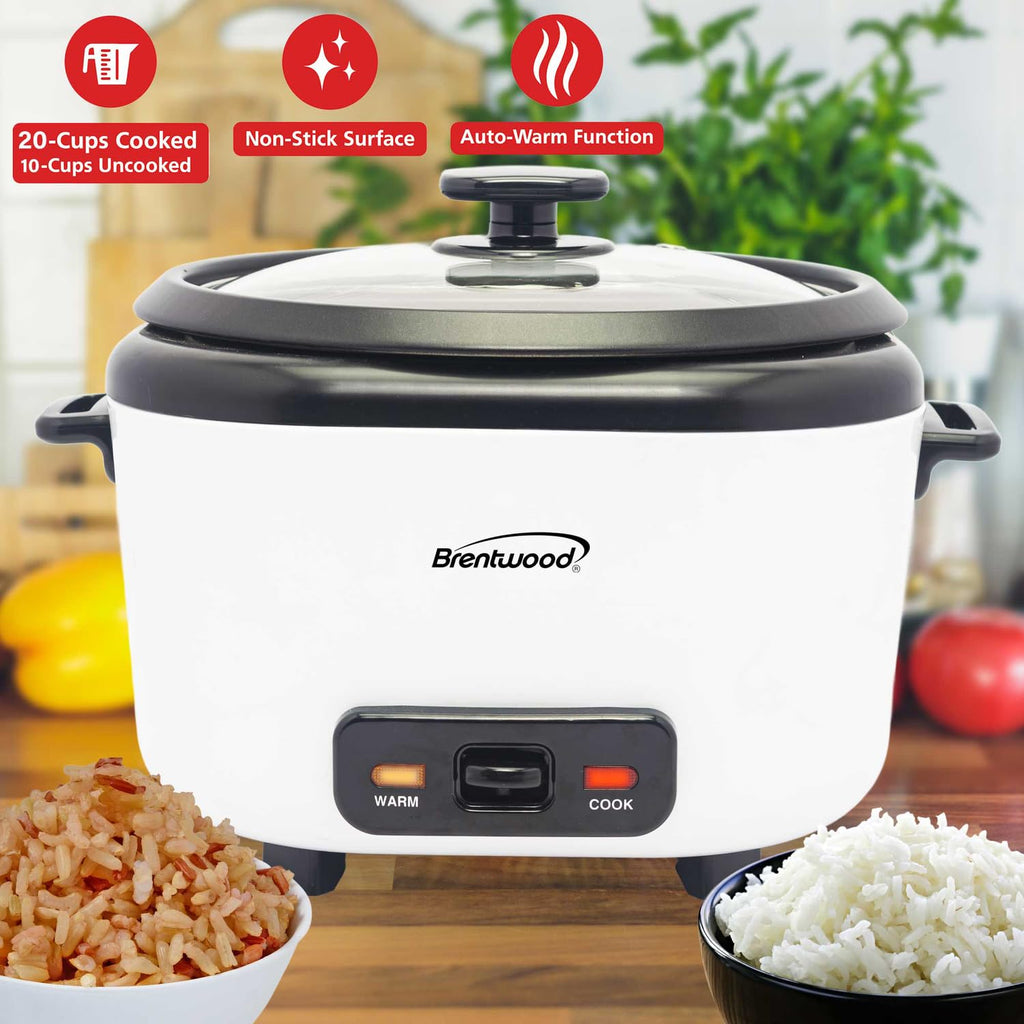 Brentwood RC-5020W Rice Cooker - 20 Cups Cooked / 10 Cups Uncooked, 700W with Steam Tray, Measuring Cup and Spatula, White