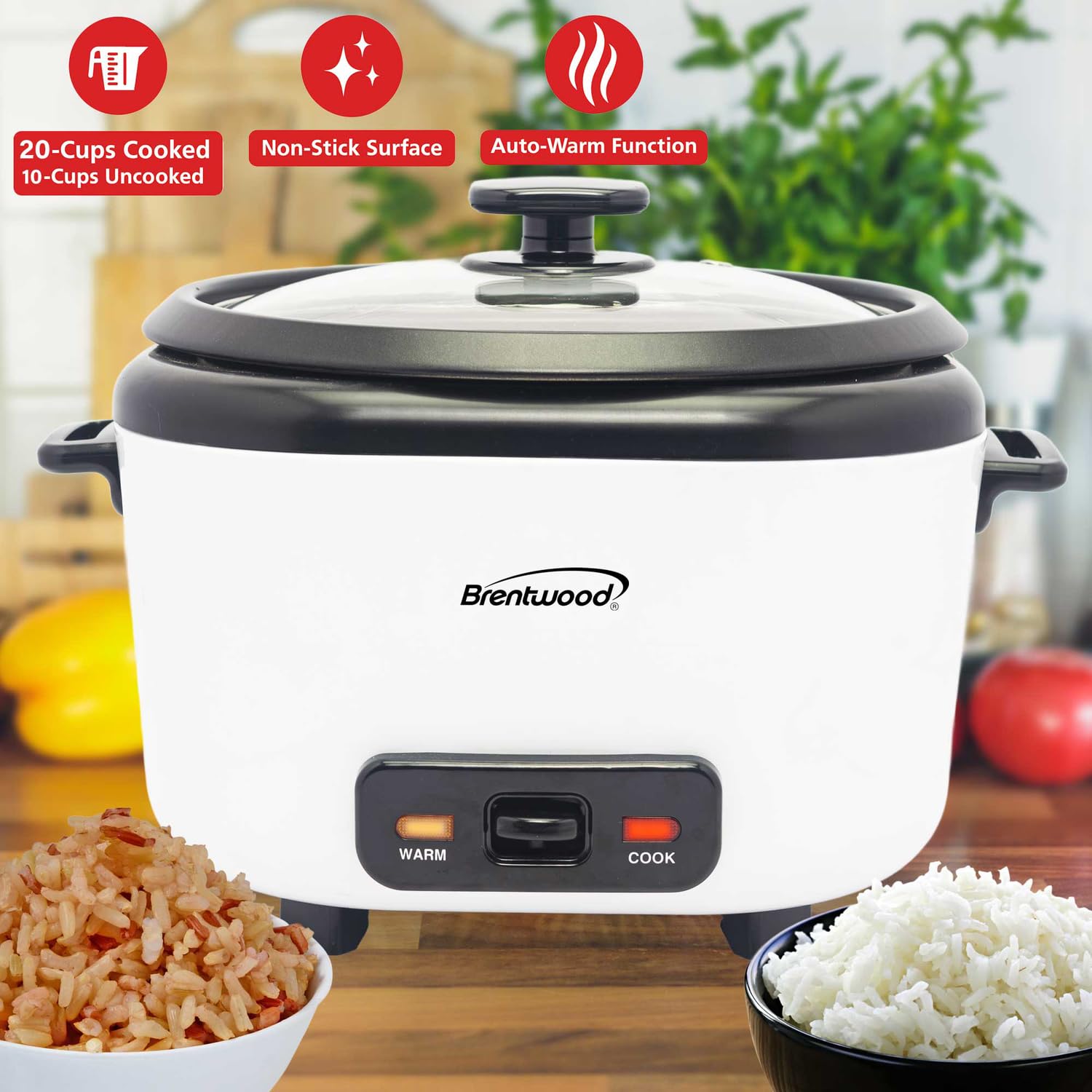 Brentwood RC-5020W Rice Cooker - 20 Cups Cooked / 10 Cups Uncooked, 700W with Steam Tray, Measuring Cup and Spatula, White