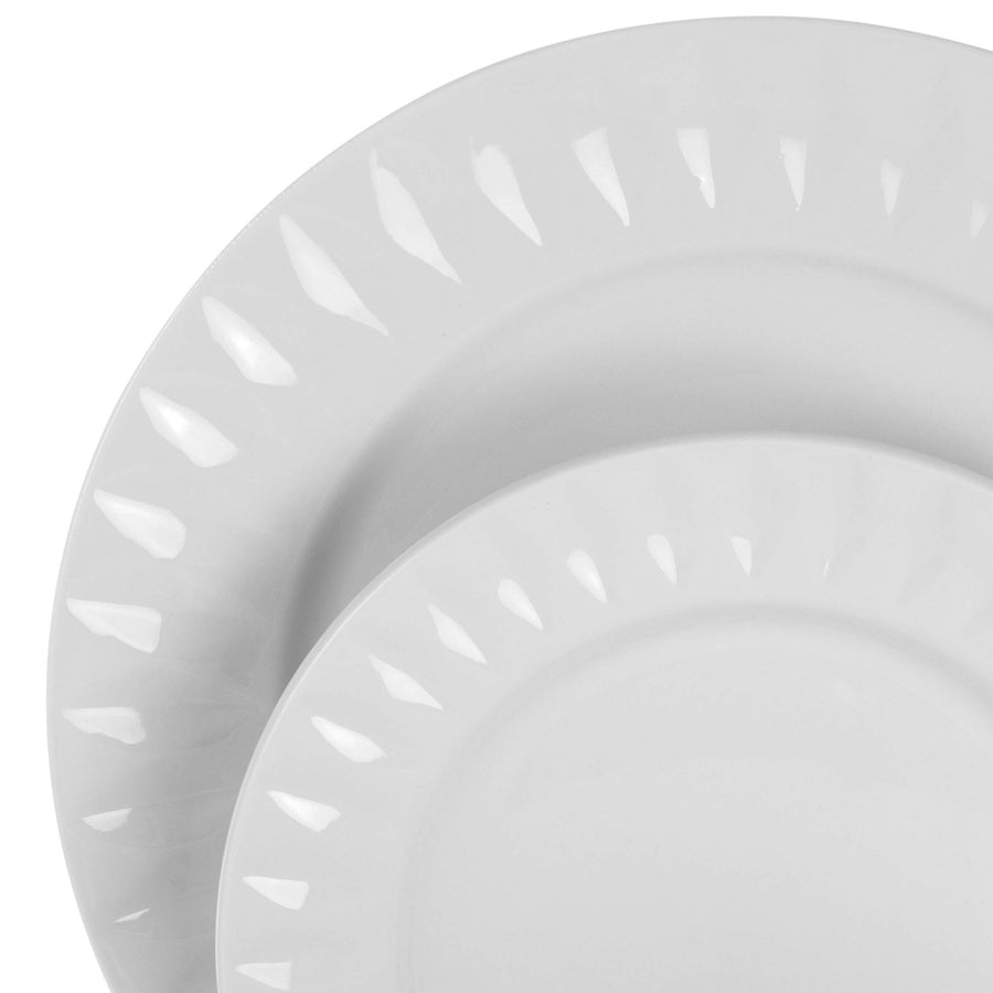 Close-up of the embossed rim pattern on Elama Sienna white porcelain dinner plate and dessert plate
