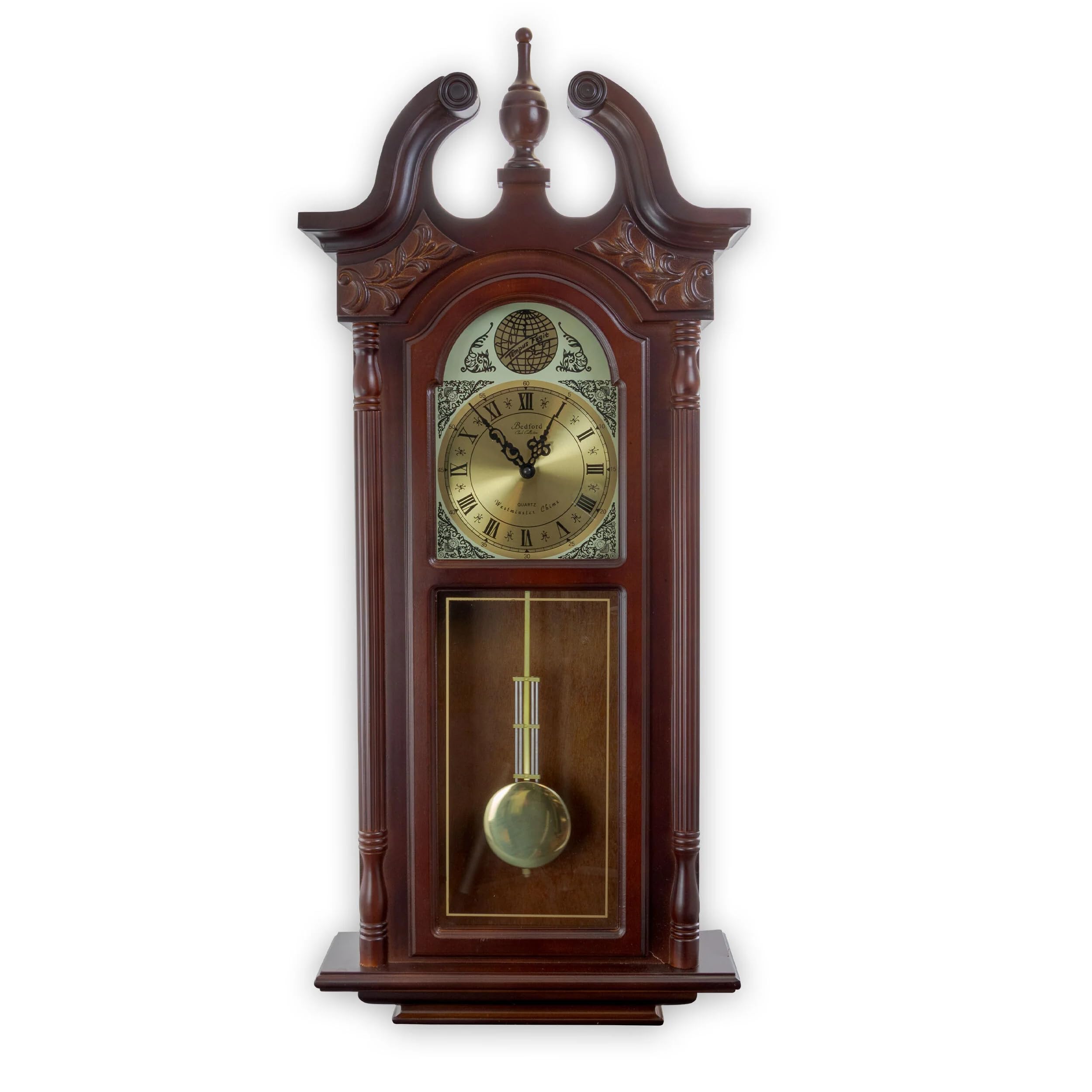 Bedford Clock Collection 38Grand Antique Collonial Chiming Wall Clock with Roman Numerals in a Cherry Oak Finish
