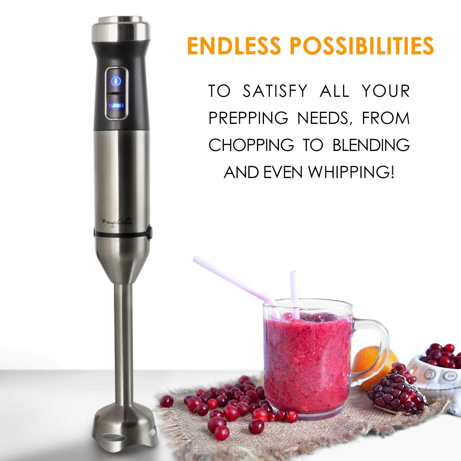 MegaChef MC-158C 4-in-1 Immersion Hand Blender with Speed Control, Silver