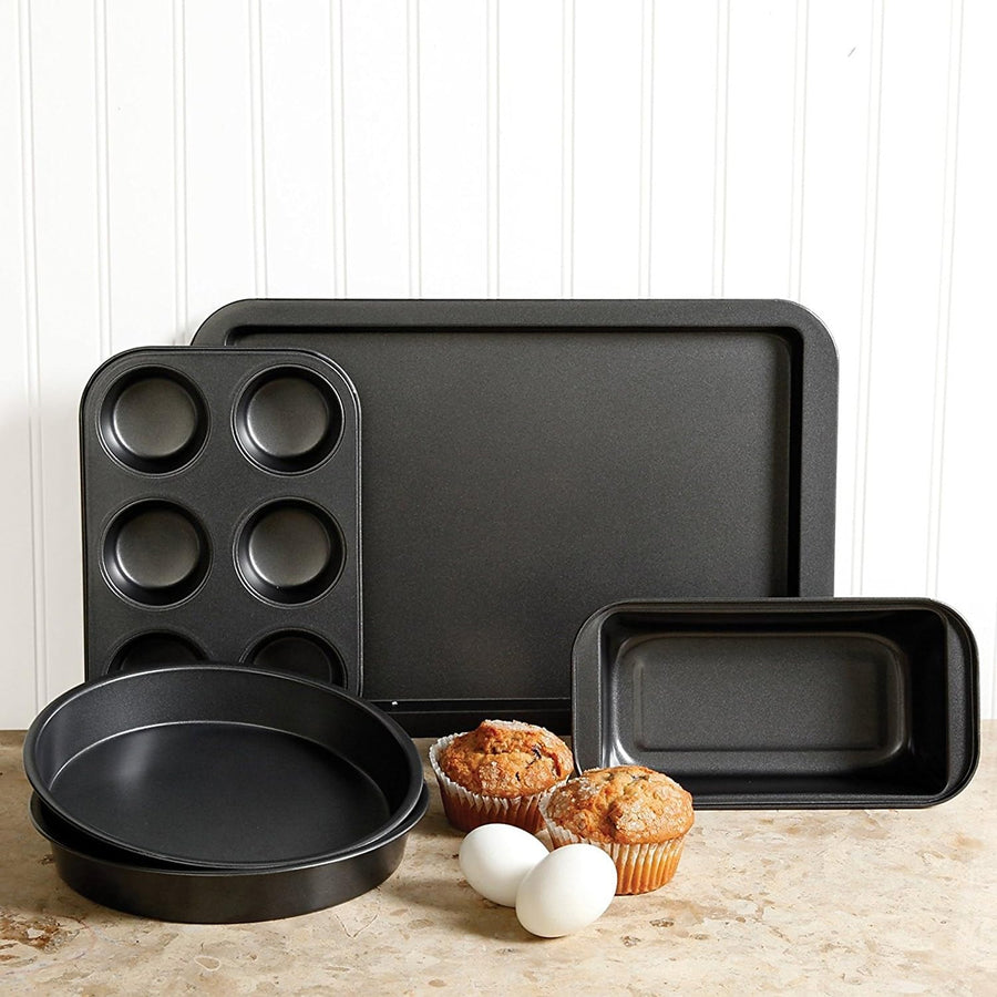 Gibson Home Nonstick Carbon Steel Bakeware Set, 5-Piece with Cookie Sheet, Muffin Pan, Loaf Pan and 2 Round Cake Pans, Gray, Love-to-Bake
