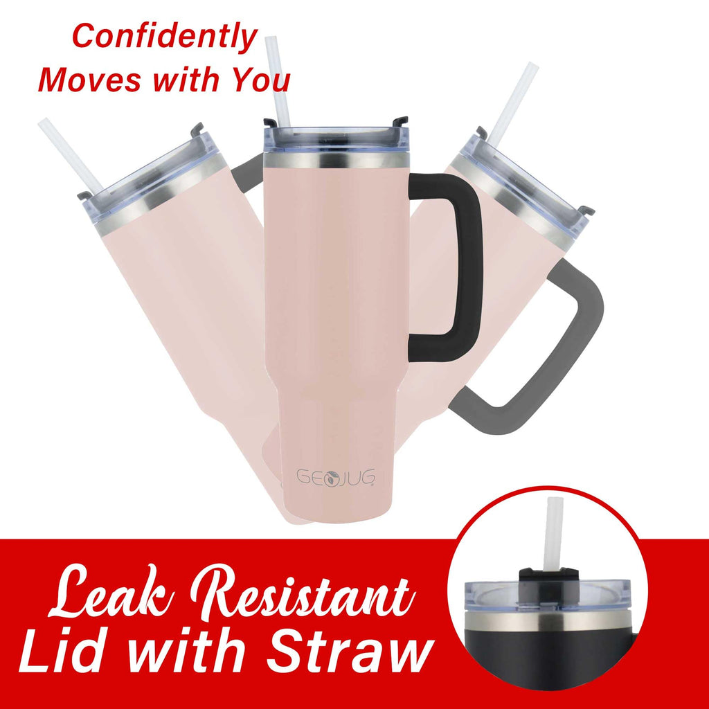 Brentwood GeoJug CMB-1200PK 40 oz Insulated Stainless Steel Tumbler with Handle, Lid and Straw - Pink