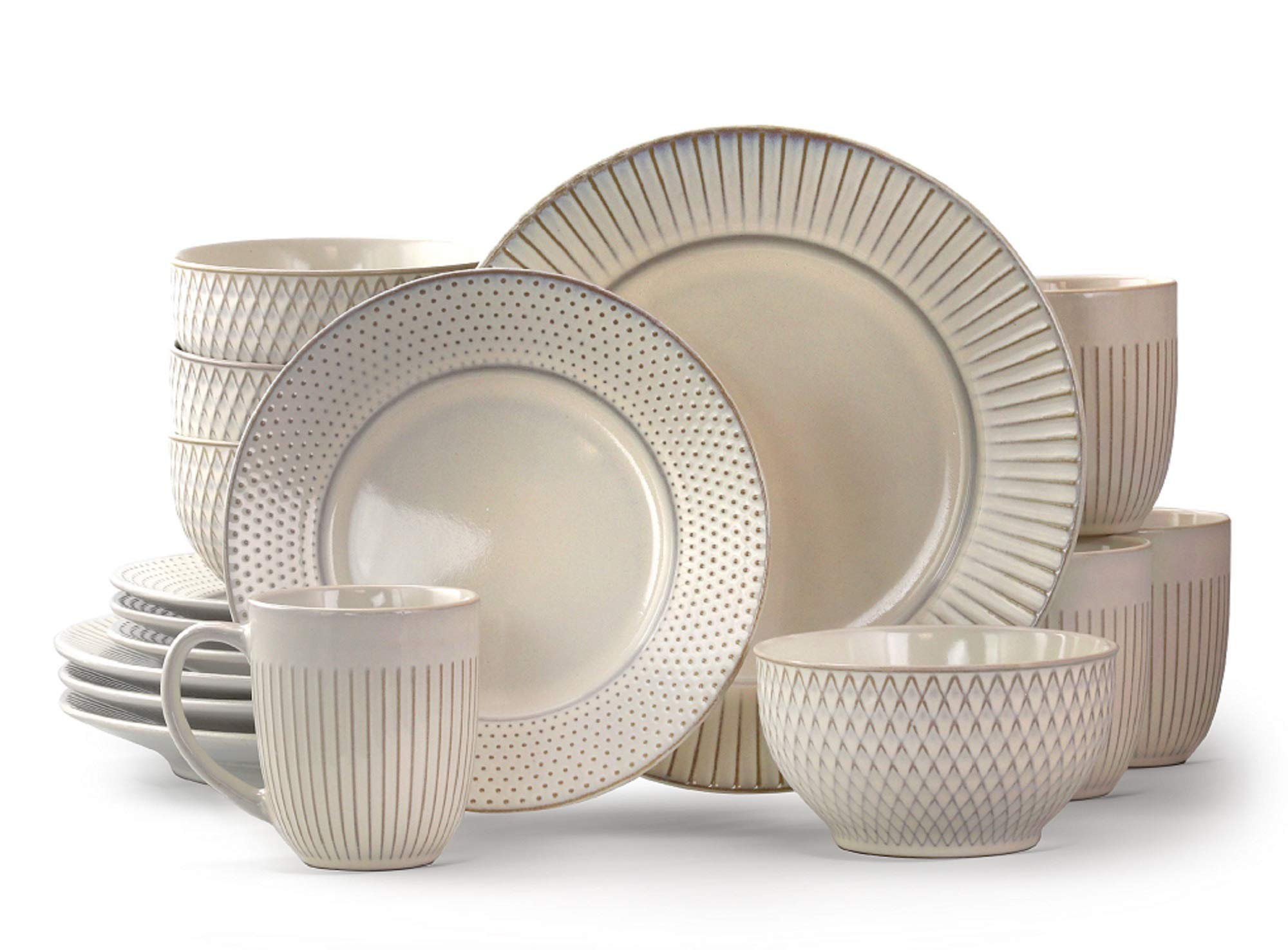 Elama Market Finds 16-Piece Round Stoneware Dinnerware Set – Embossed White Service for 4