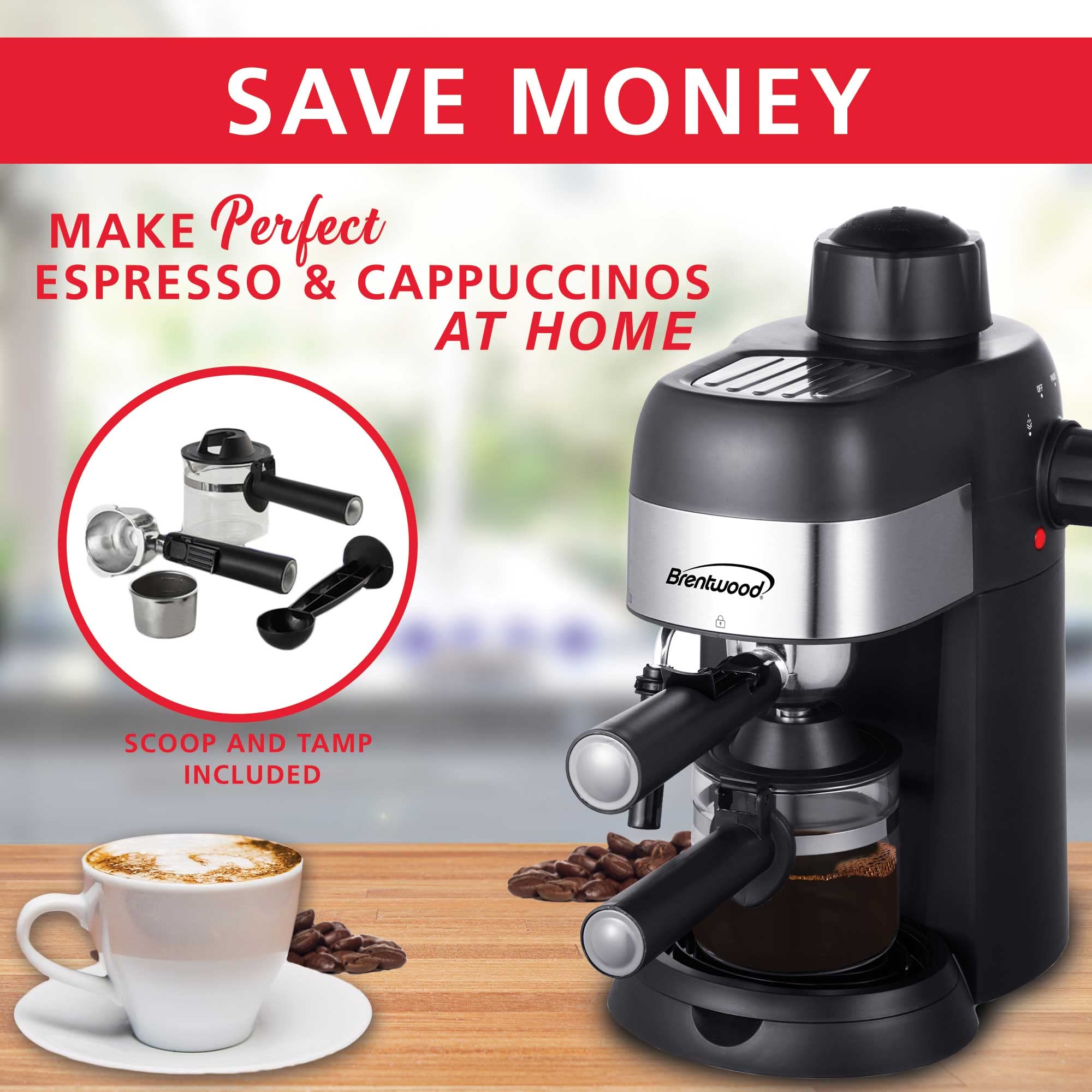 Brentwood 4-Serving Espresso and Cappuccino Maker with Steam Frother, Black