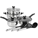 Oster Baldwyn 10-piece nonstick stainless steel cookware set with Dutch oven, steamer insert, saute pan, saucepan, glass lids and nylon utensils