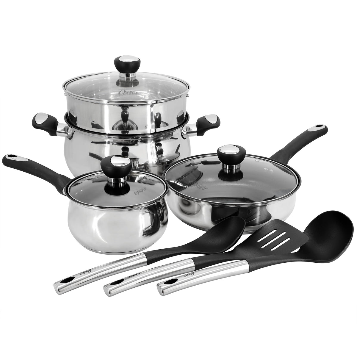 Oster Baldwyn 10-piece nonstick stainless steel cookware set with Dutch oven, steamer insert, saute pan, saucepan, glass lids and nylon utensils