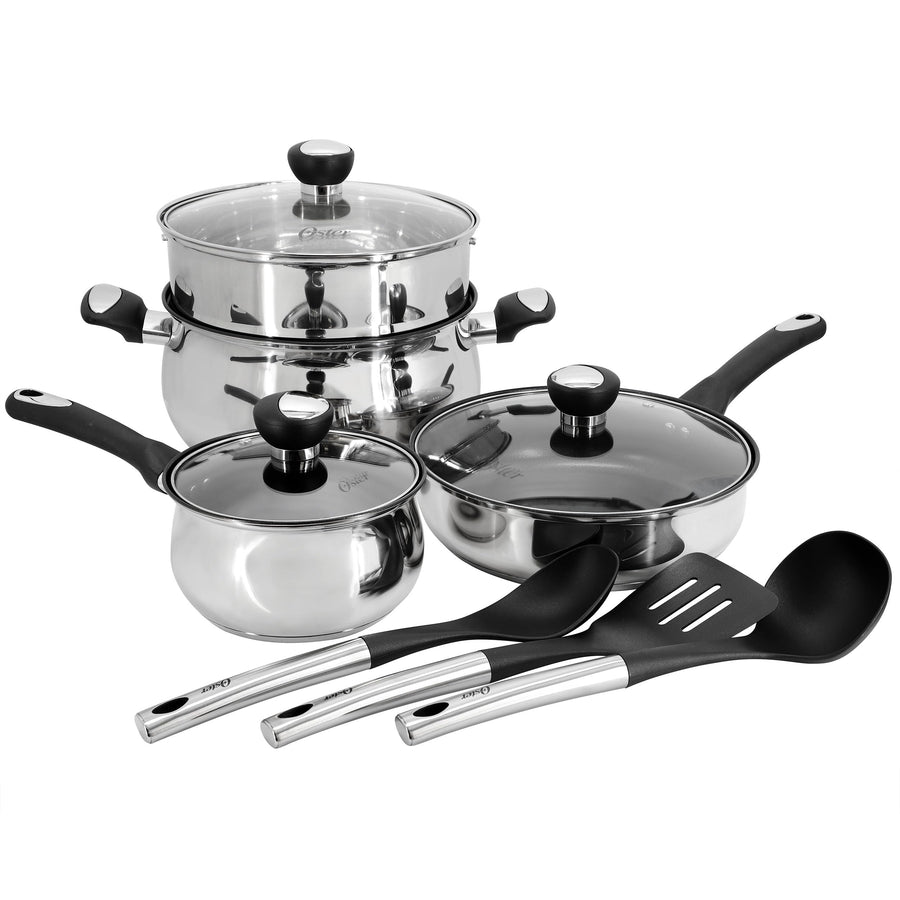 Oster Baldwyn 10-piece nonstick stainless steel cookware set with Dutch oven, steamer insert, saute pan, saucepan, glass lids and nylon utensils
