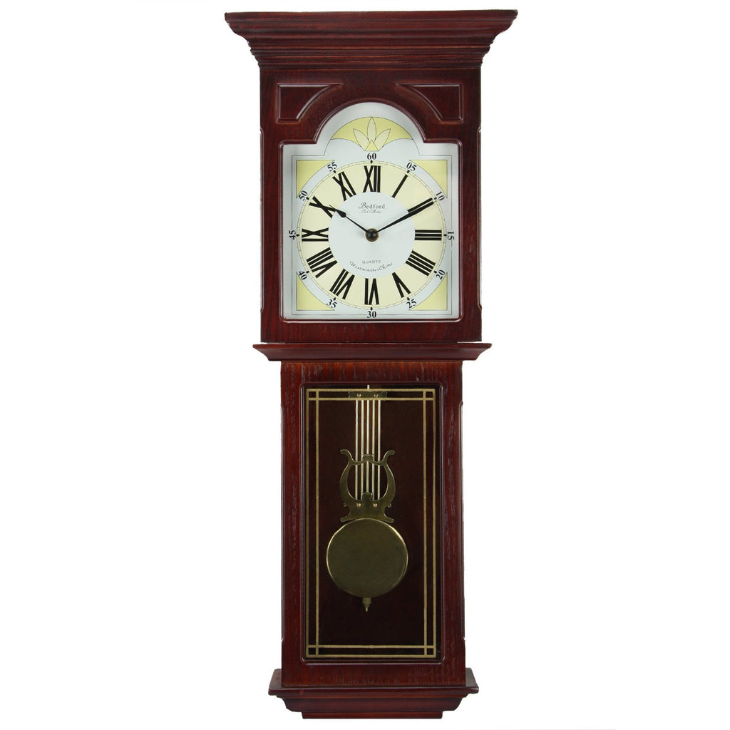 Bedford Clock Collection Redwood Chiming Pendulum Wall Clock – Walnut Brown Finish, Quartz Movement with Swinging Pendulum & 4 Chime Modes