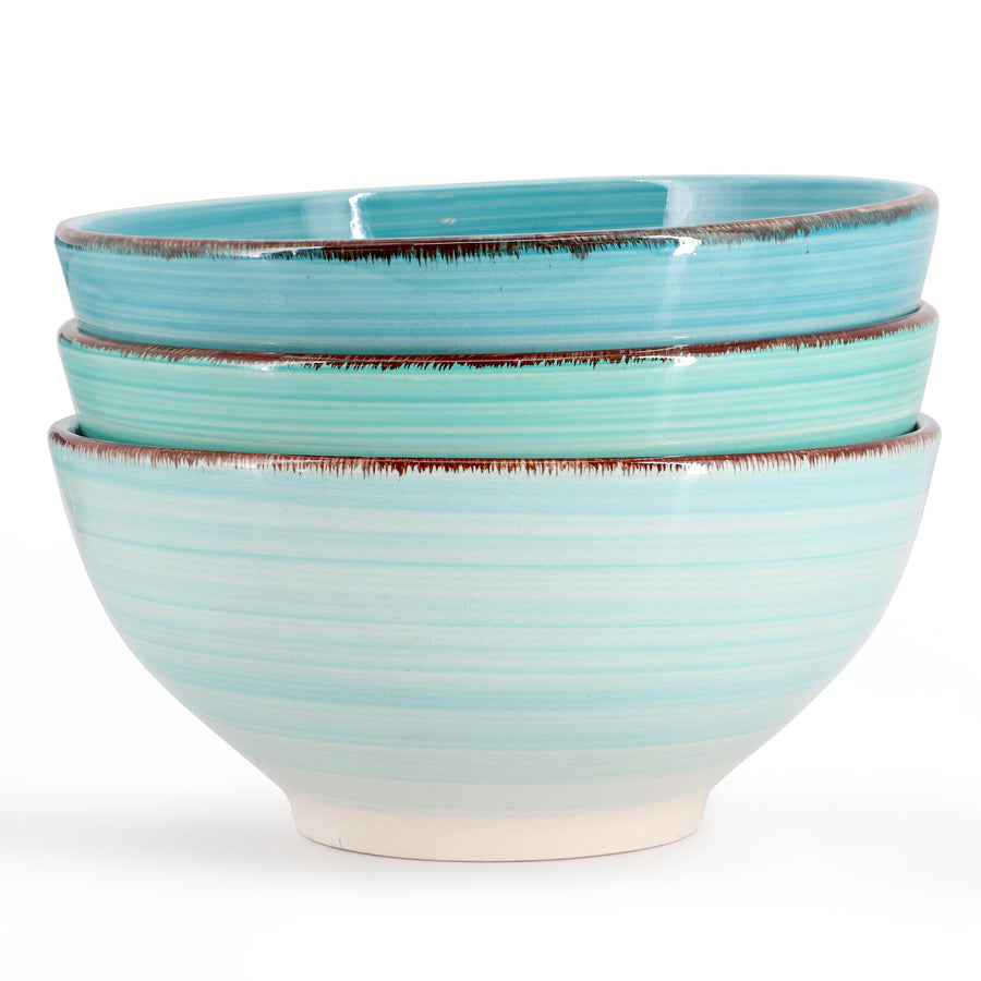 Elama Blue Ridge 6-Piece 6.25 in Round Stoneware Bowl Set, Assorted Blue and Teal, 20 oz, Striped Ridge Design, Microwave and Dishwasher Safe