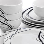 Elama Sarah 12 Piece Porcelain Black Ribbon Dinnerware Set, Service for 4 in White and Black
