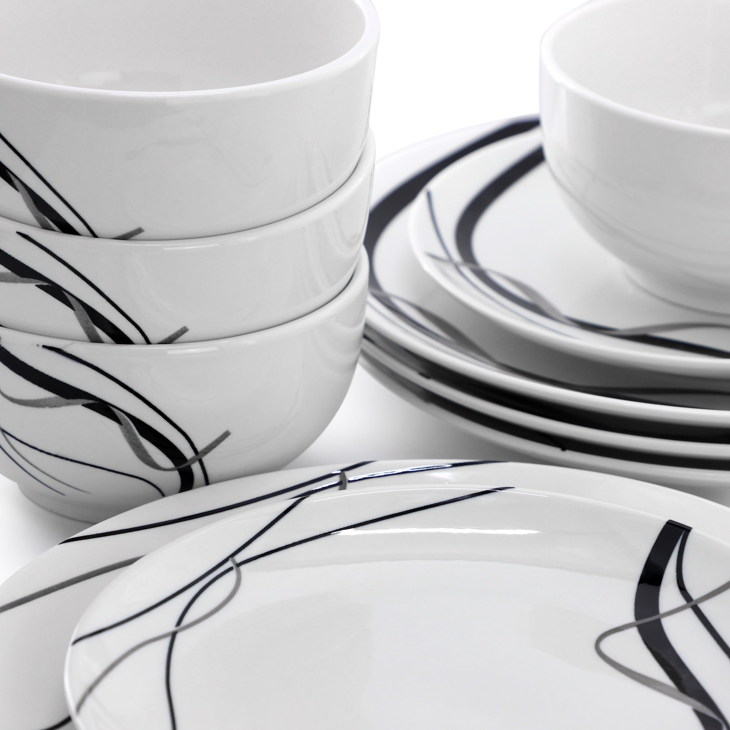 Elama Sarah 12 Piece Porcelain Black Ribbon Dinnerware Set, Service for 4 in White and Black