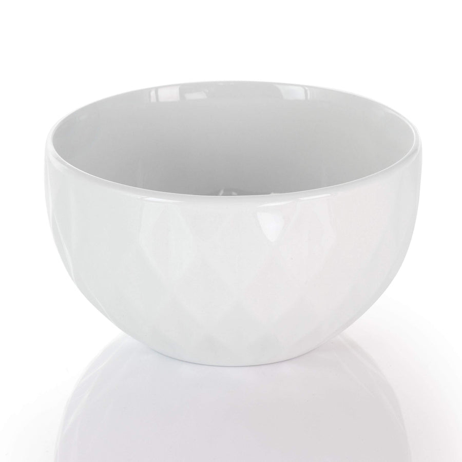 Elama Sienna 5.5 inch white porcelain bowl, side view of the indented diamond pattern exterior