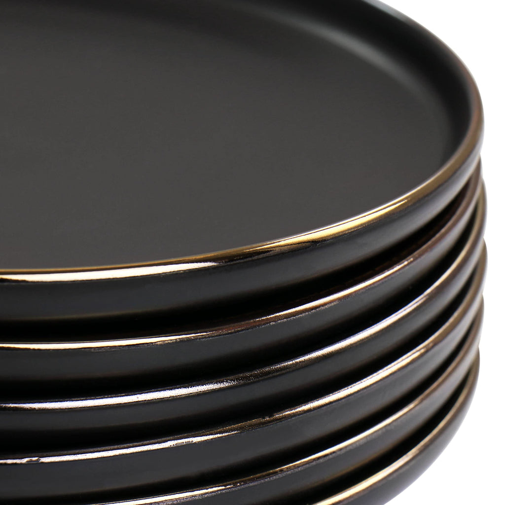 Elama Paul 6-Piece Stoneware Salad Plate Set – 8" Matte Black with Elegant Gold Rim, Microwave & Dishwasher Safe