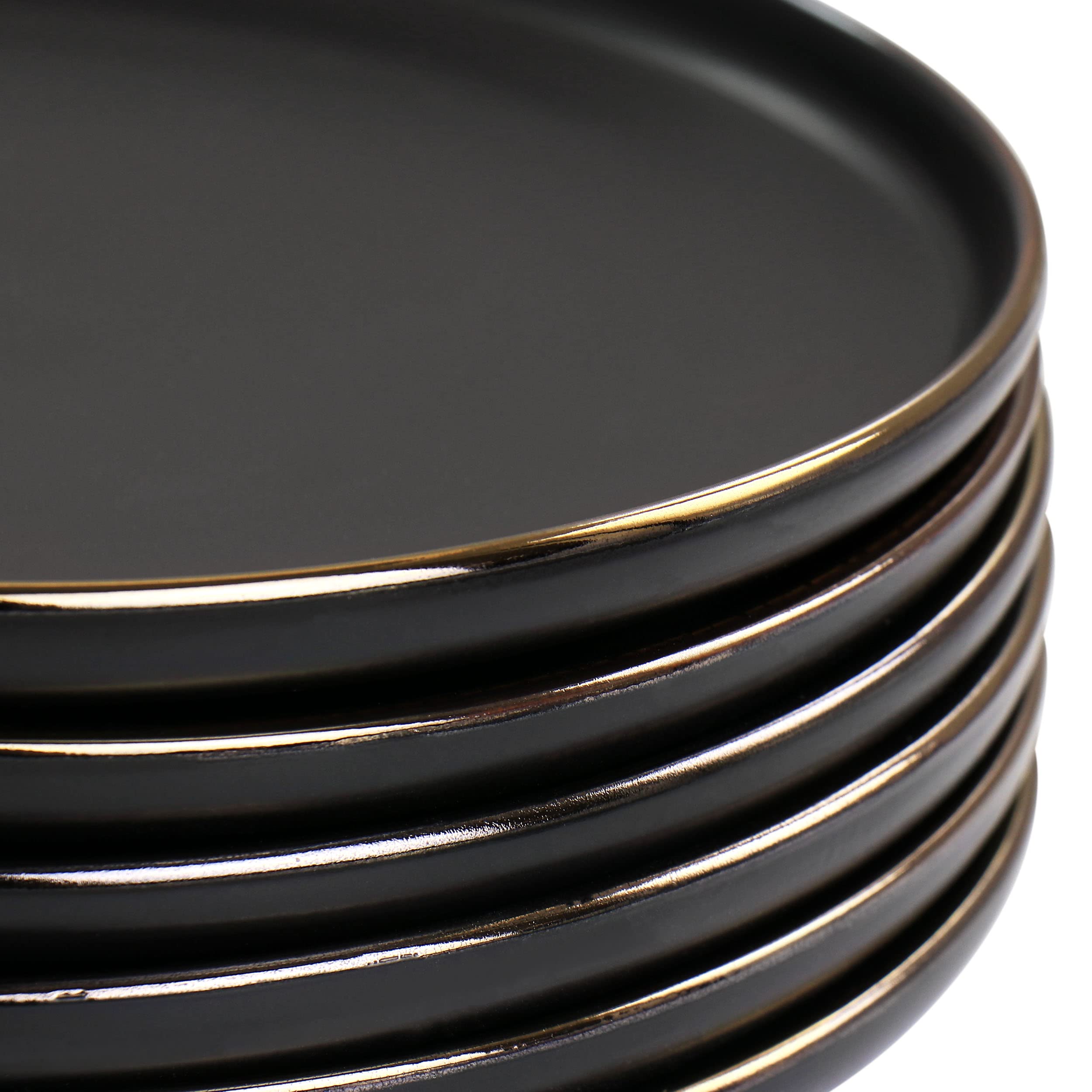 Elama Paul 6-Piece Stoneware Salad Plate Set – 8" Matte Black with Elegant Gold Rim, Microwave & Dishwasher Safe