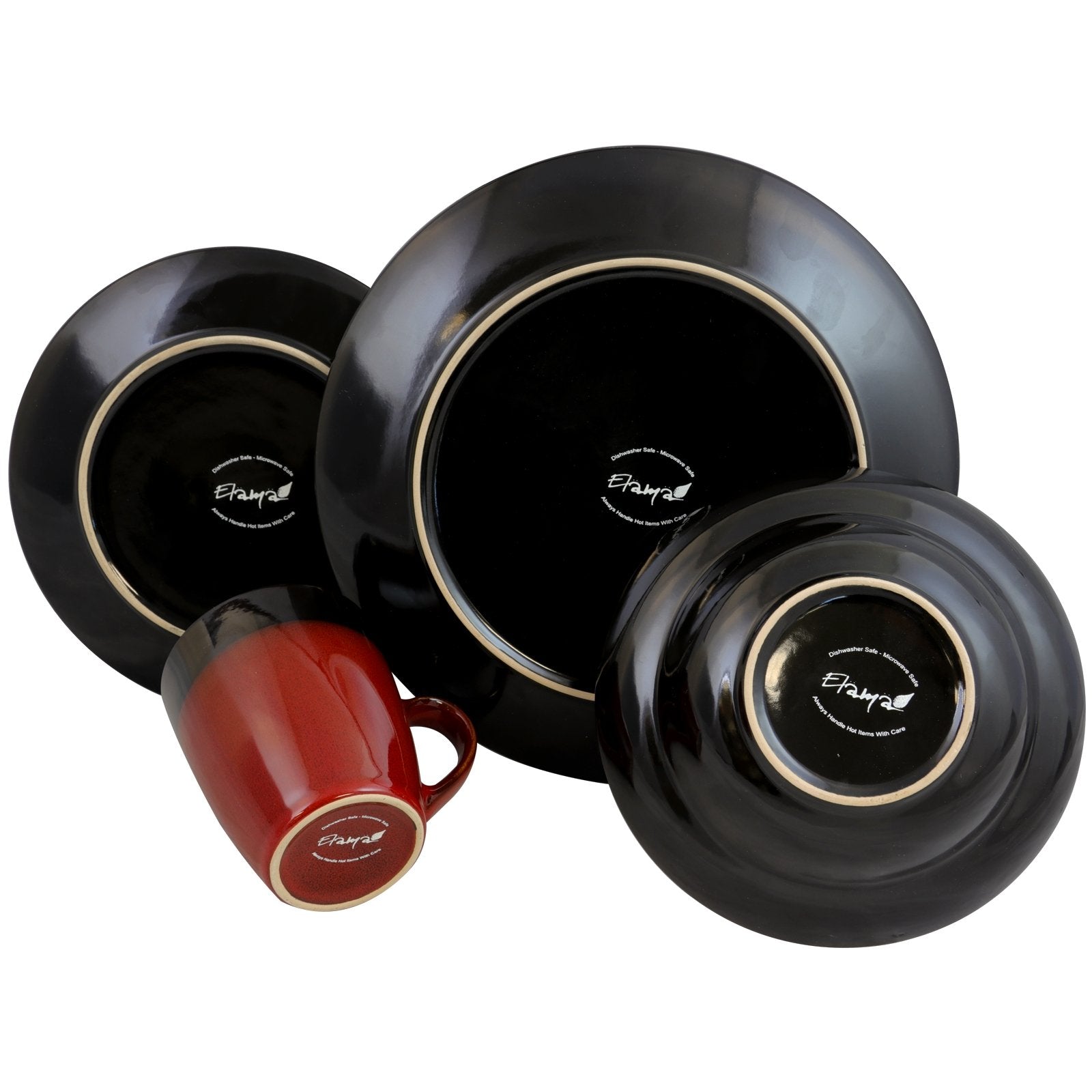 Elama Tanizia 16-Piece High Gloss Stoneware Dinnerware Set – Red & Black | Service for 4
