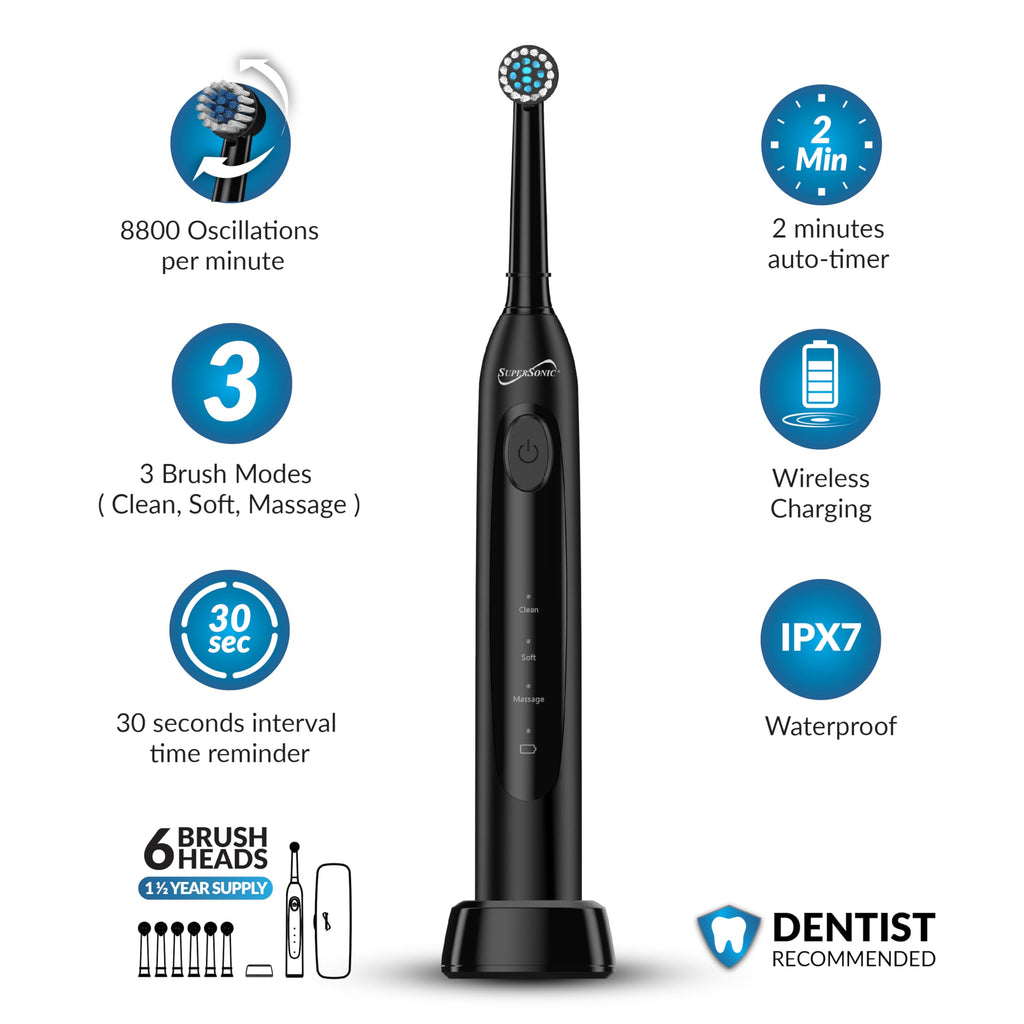 SuperSonic Sonic Zoom+ Wireless Rechargeable Toothbrush – Black with 6 Brush Heads & Travel Case