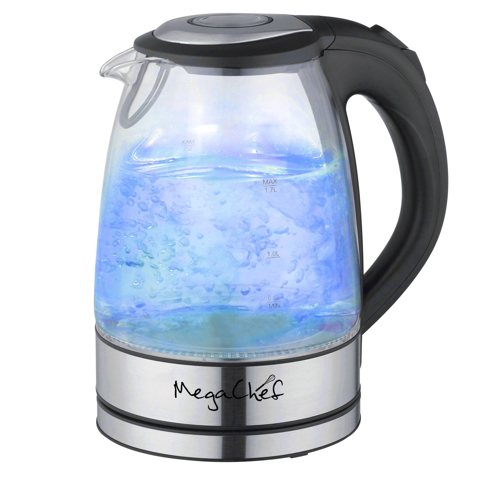 Megachef Light-Up Tea Kettle, 1.7L Clear Glass Cordless Electric Kettle with Blue LED and Auto Shut-Off