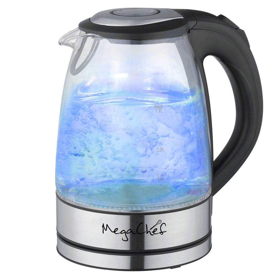 Megachef Light-Up Tea Kettle, 1.7L Clear Glass Cordless Electric Kettle with Blue LED and Auto Shut-Off