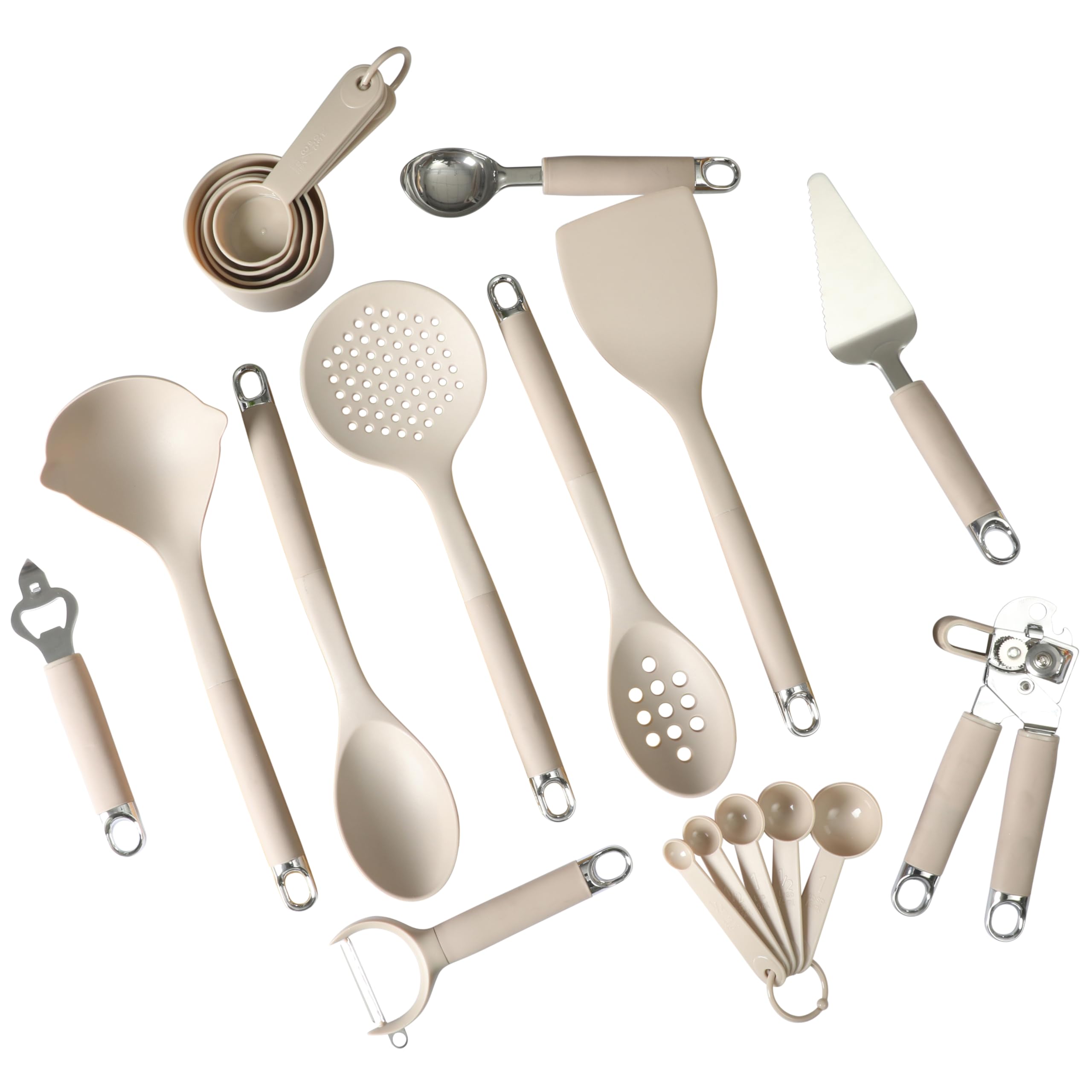 Taupe nylon and stainless steel 20-piece kitchen gadget and tool set with measuring cups and spoons