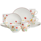 Elama Wildflower Meadow 16-Piece Porcelain Dinnerware Set – Service for 4, Floral Plates, Bowls & Mugs, Microwave & Dishwasher Safe