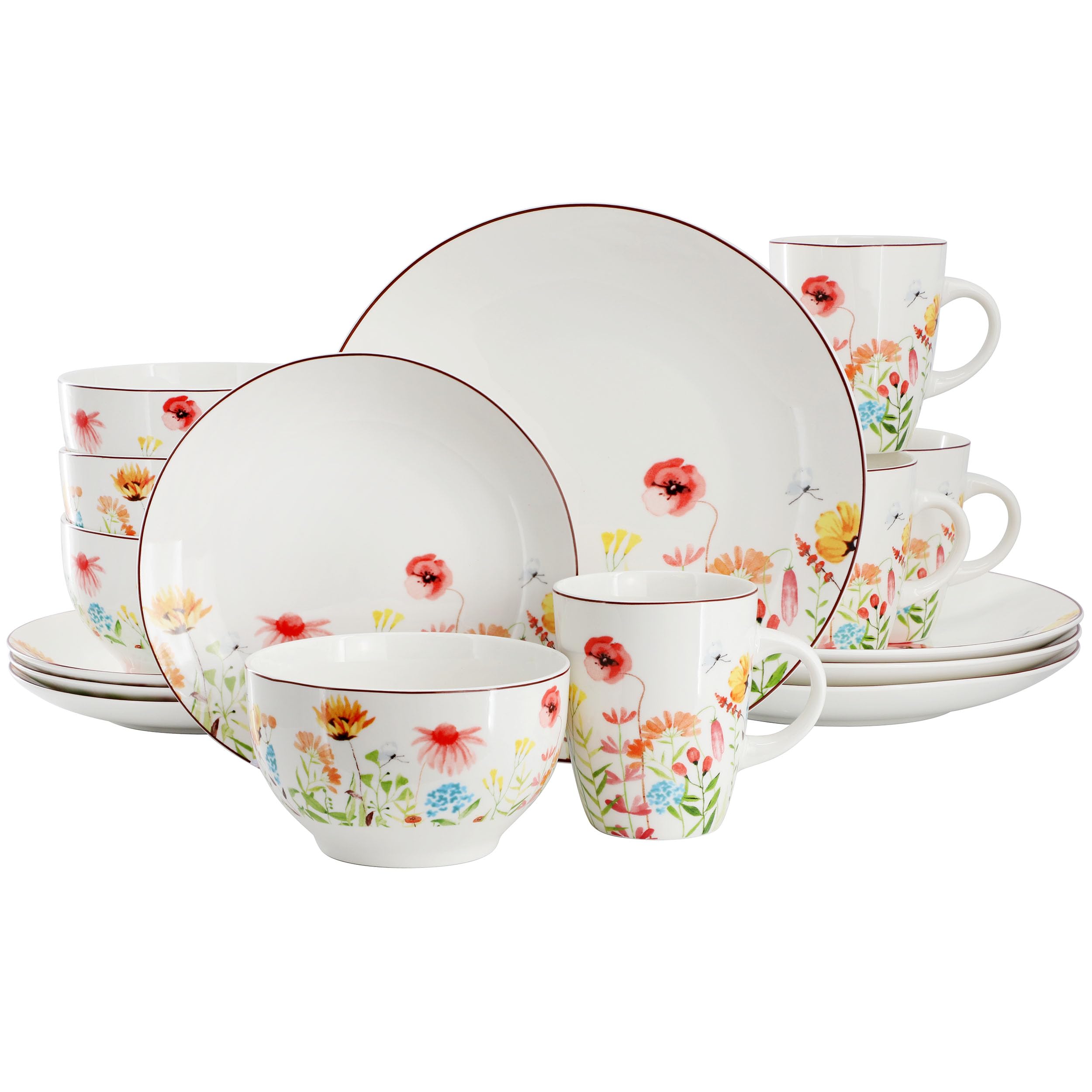 Elama Wildflower Meadow 16-Piece Porcelain Dinnerware Set – Service for 4, Floral Plates, Bowls & Mugs, Microwave & Dishwasher Safe