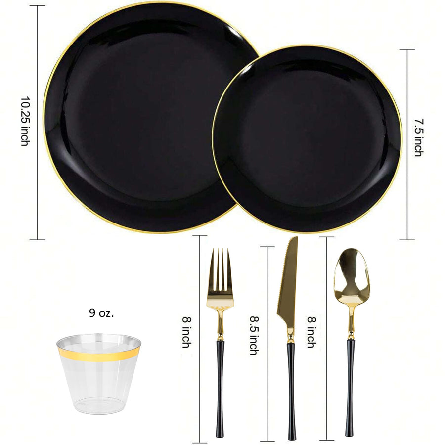 Elama 150 Piece Disposable Plastic Party Dinnerware Set for 25 Guests, Black with Gold Trim