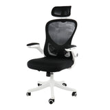 Elama ergonomic high back mesh office chair in white and black with a white frame, adjustable headrest and flip-up arms, front view