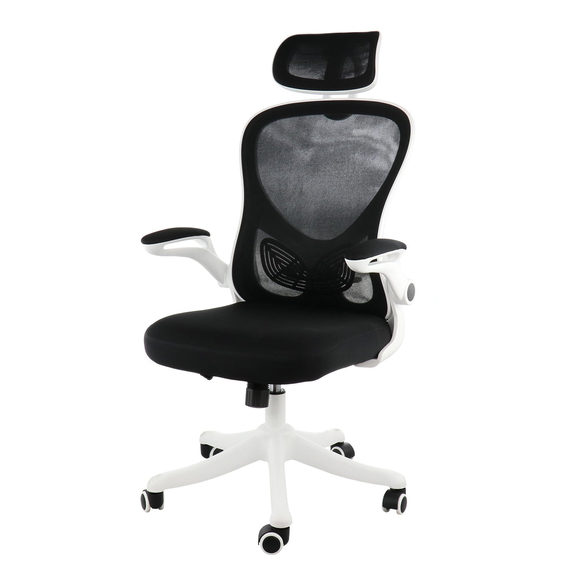Elama ergonomic high back mesh office chair in white and black with a white frame, adjustable headrest and flip-up arms, front view
