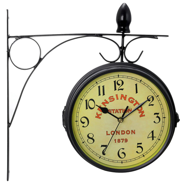 Bedford Clock Collection Double-Sided Station Wall Clock – Vintage Antique-Look Brown, Silent Non-Ticking Movement with Bracket Mount