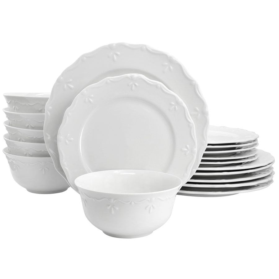 Elama Henryi 18-Piece Embossed White Porcelain Dinnerware Set - Service for 6