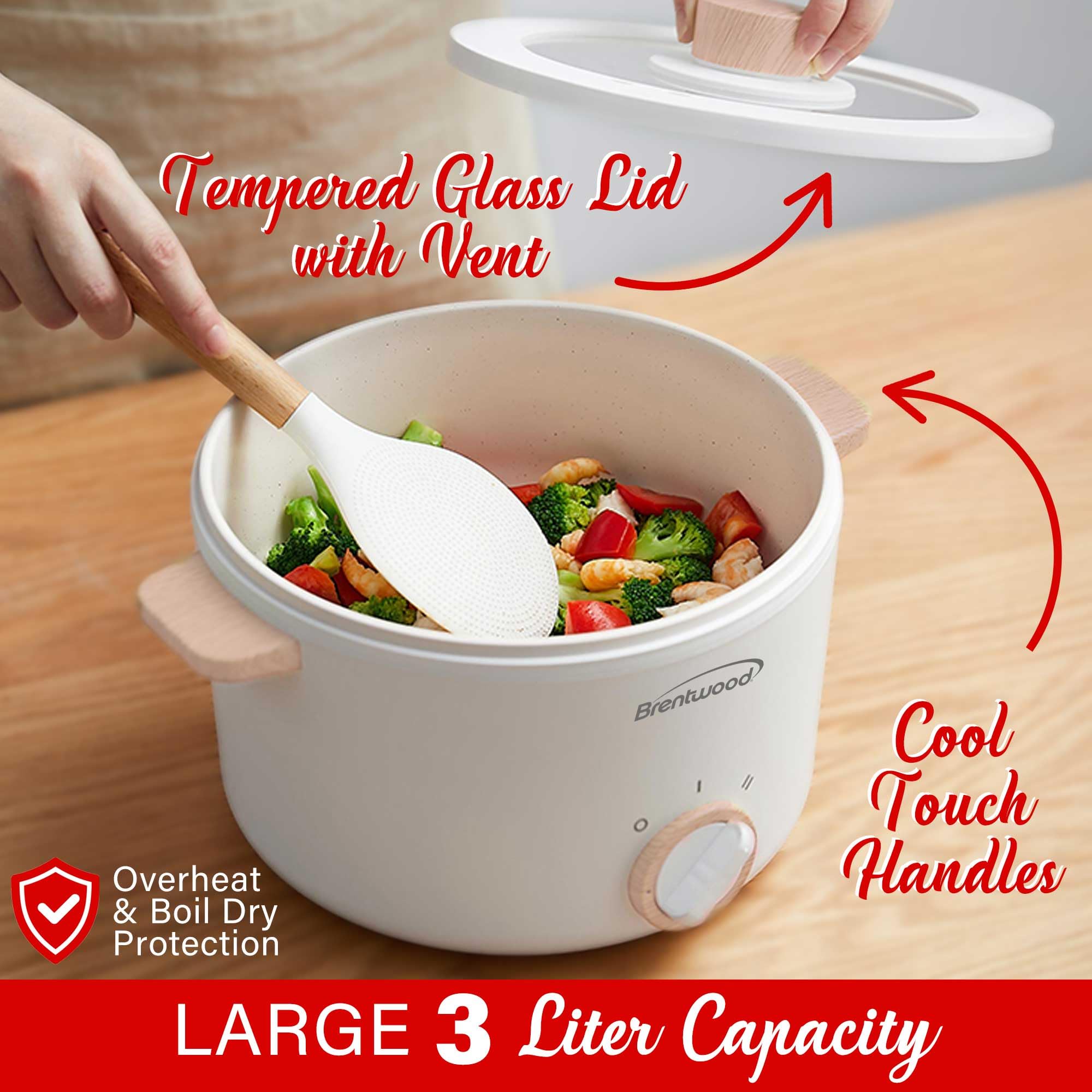 Brentwood HPS-3302W 3 Liter Multi-Function Electric Hot Pot Cooker - White, Ceramic Non-Stick with Stainless Steel Steamer Tray