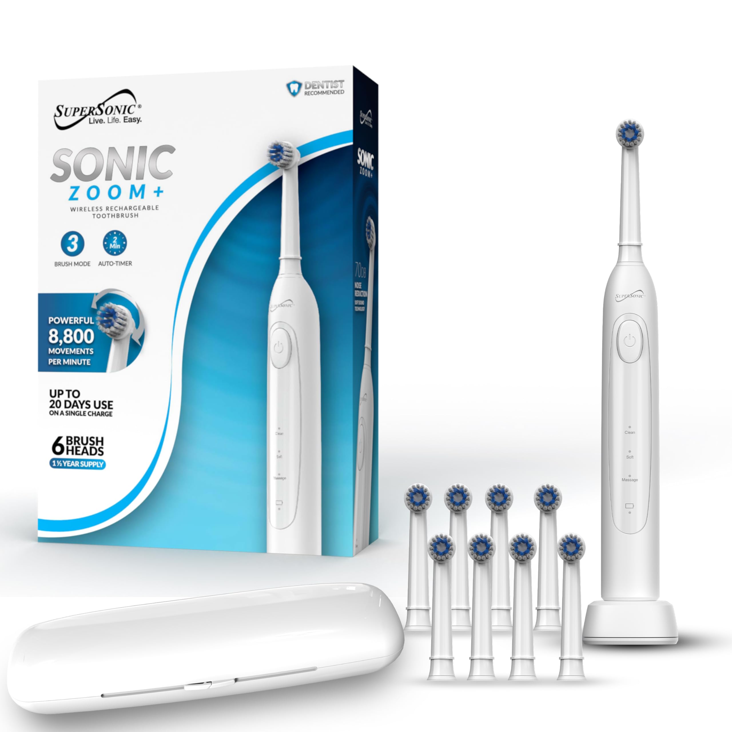 Supersonic Sonic Zoom+ Rechargeable Toothbrush with 6 Brush Heads, White